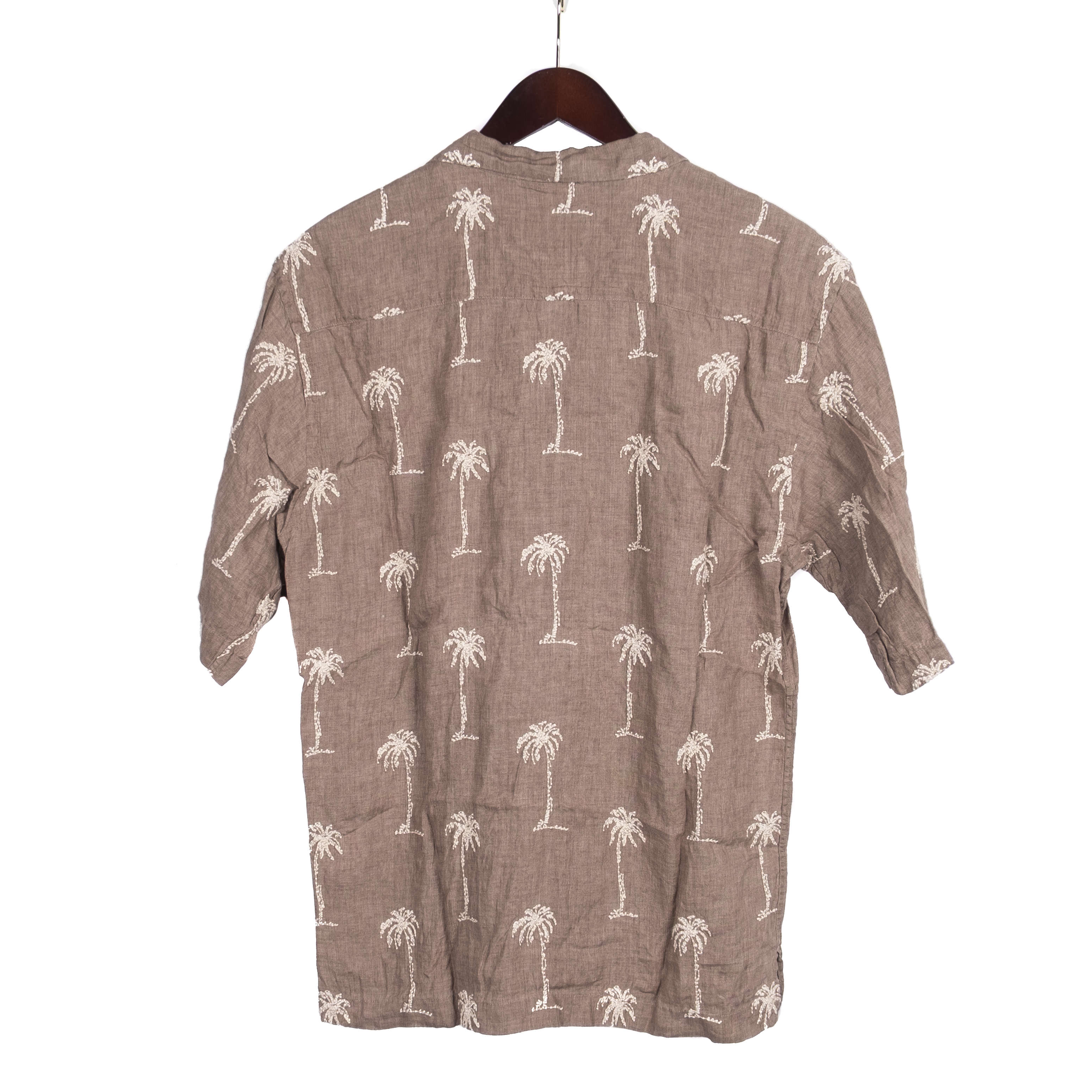 Brown Palm Tree Patterned Short Sleeved Camp Collar Shirt
