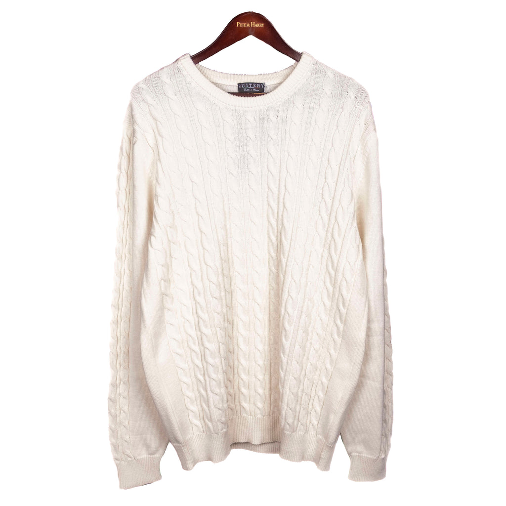 White Cotton Cableknit Crewneck