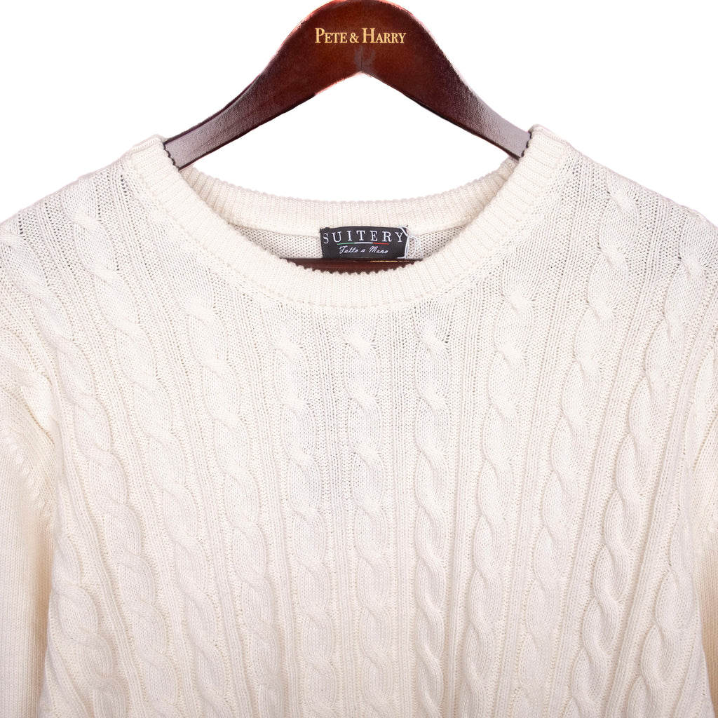 White Cotton Cableknit Crewneck