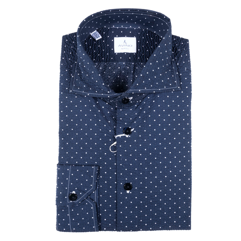 Navy Polkadot Seersucker Casual Shirt 44