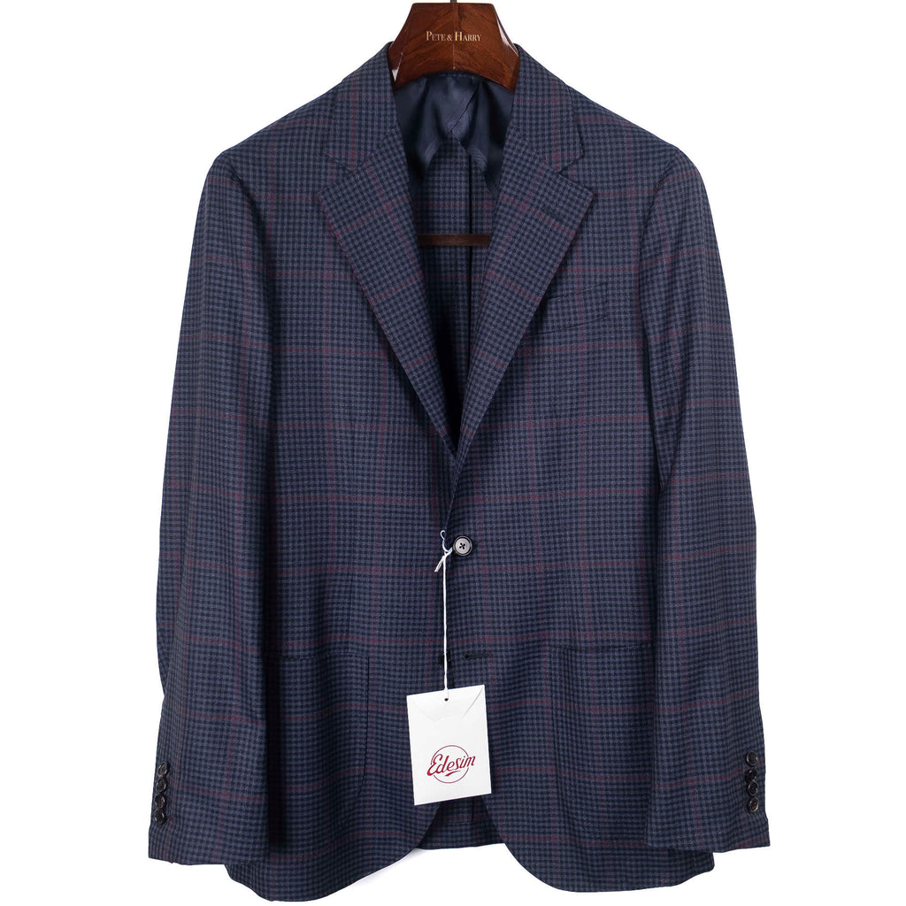 Neapolitan Hand Tailored High Twist Wool Navy Sport Coat with Red Checks Sz 48