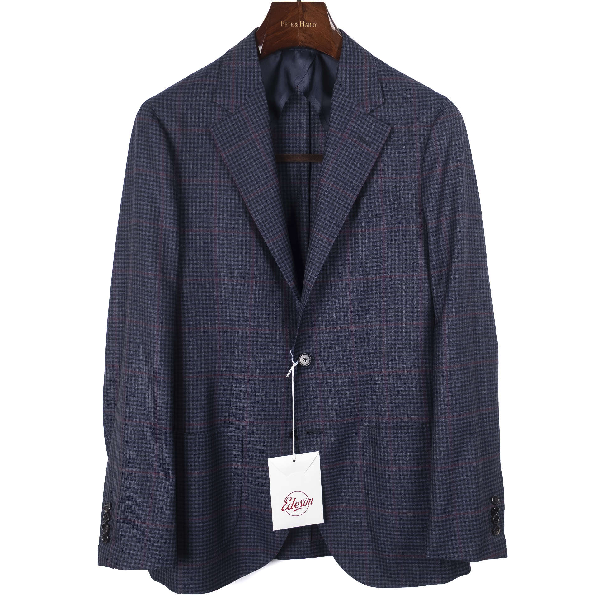 Neapolitan Hand Tailored High Twist Wool Navy Sport Coat with Red Checks Sz 48