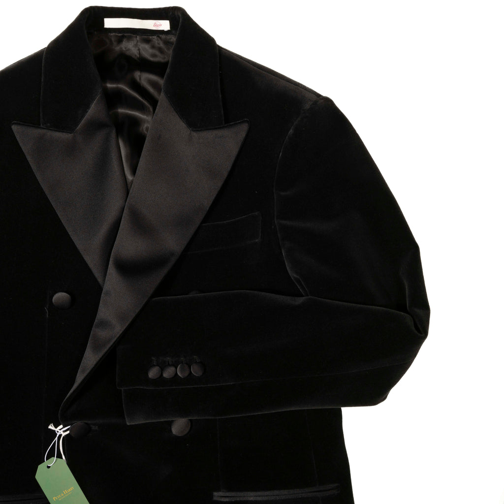 Est Retail Price 20 000 SEK -Neapolitan Hand Tailored Black Velvet Double Breasted Tuxedo Suit Sz 48