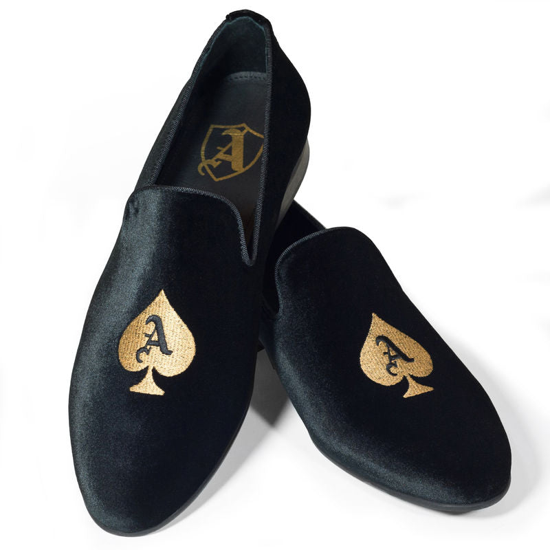 Black Velvet Slippers with Embroidered Ace of Spades