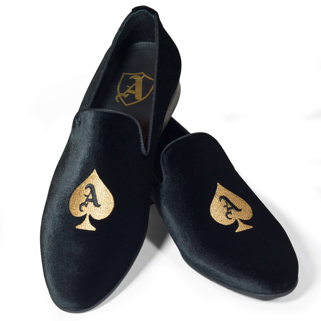 Black Velvet Slippers with Embroidered Ace of Spades , 43